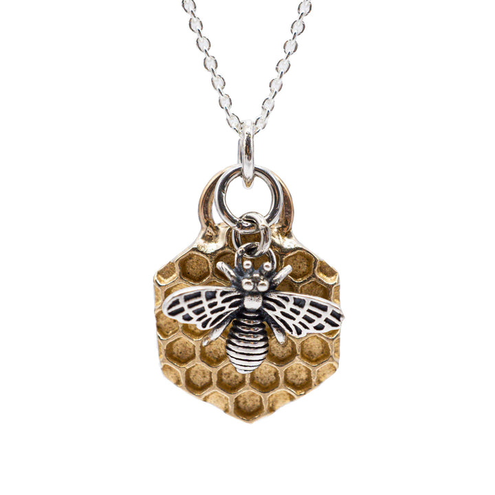 Goldene Honigwaben Halskette mit Echtsilber Biene // Honigwächter