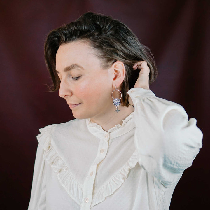 Silver honeycomb earrings with real silver bees // On the approach