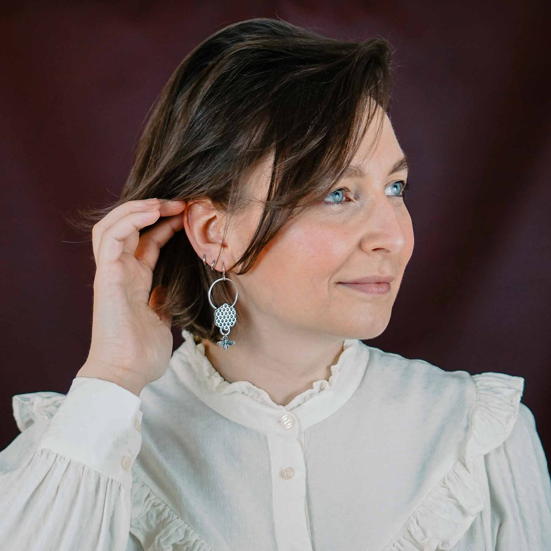 Silver honeycomb earrings with real silver bees // On the approach