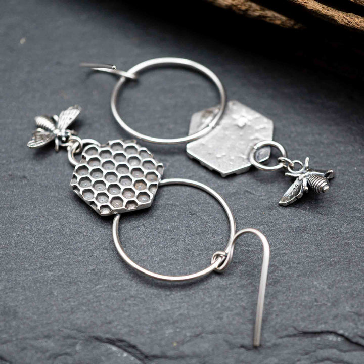 Silver honeycomb earrings with real silver bees // On the approach
