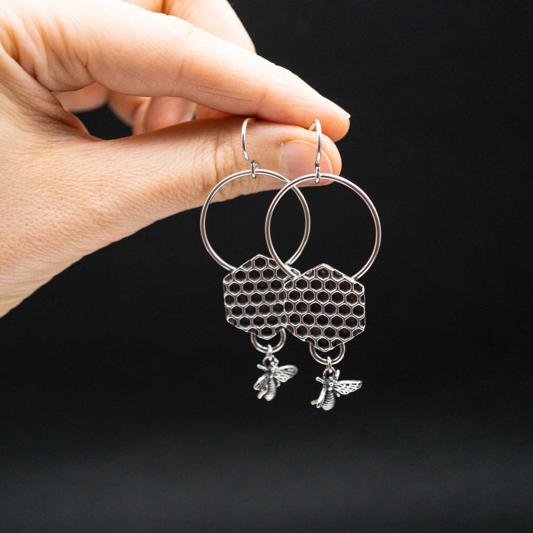 Silver honeycomb earrings with real silver bees // On the approach