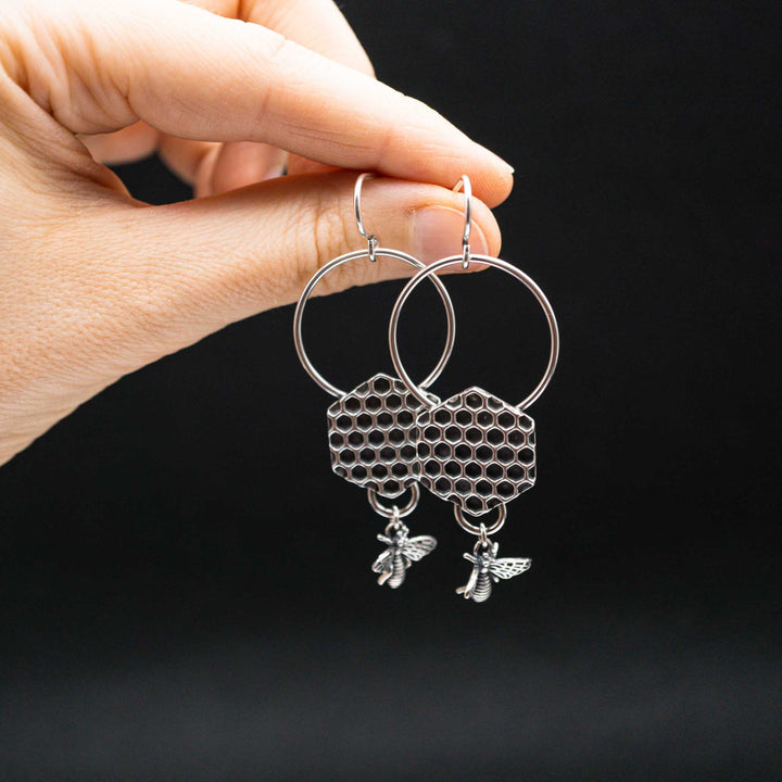 Silver honeycomb earrings with real silver bees // On the approach