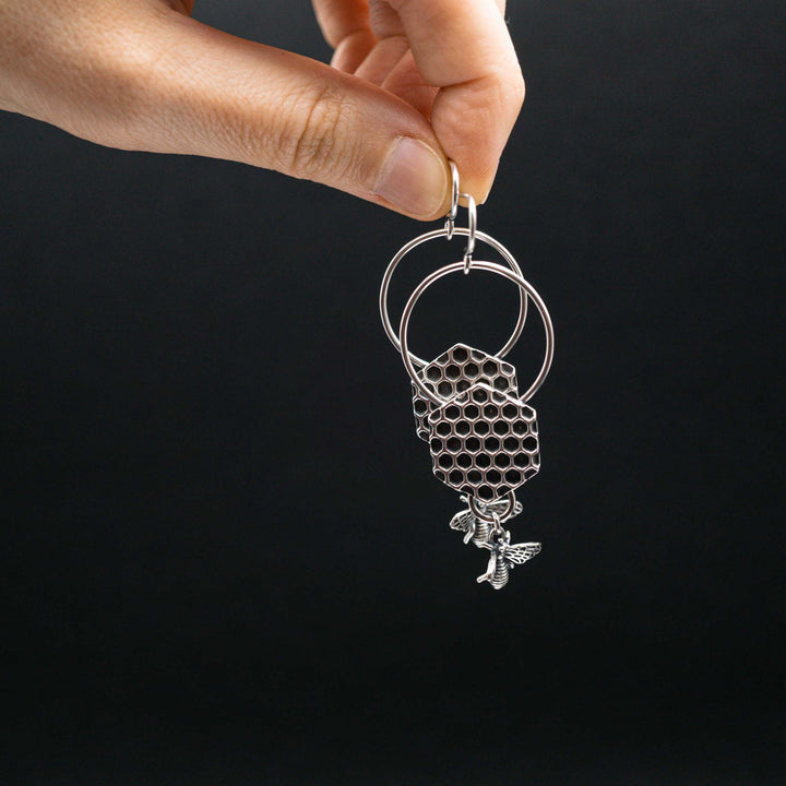 Silver honeycomb earrings with real silver bees // On the approach