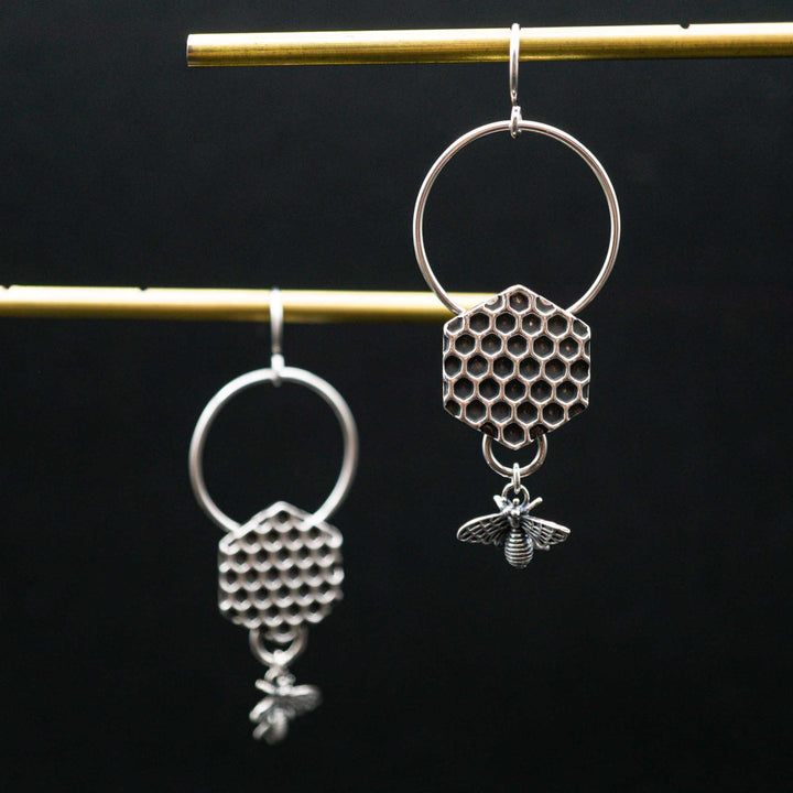 Silver honeycomb earrings with real silver bees // On the approach