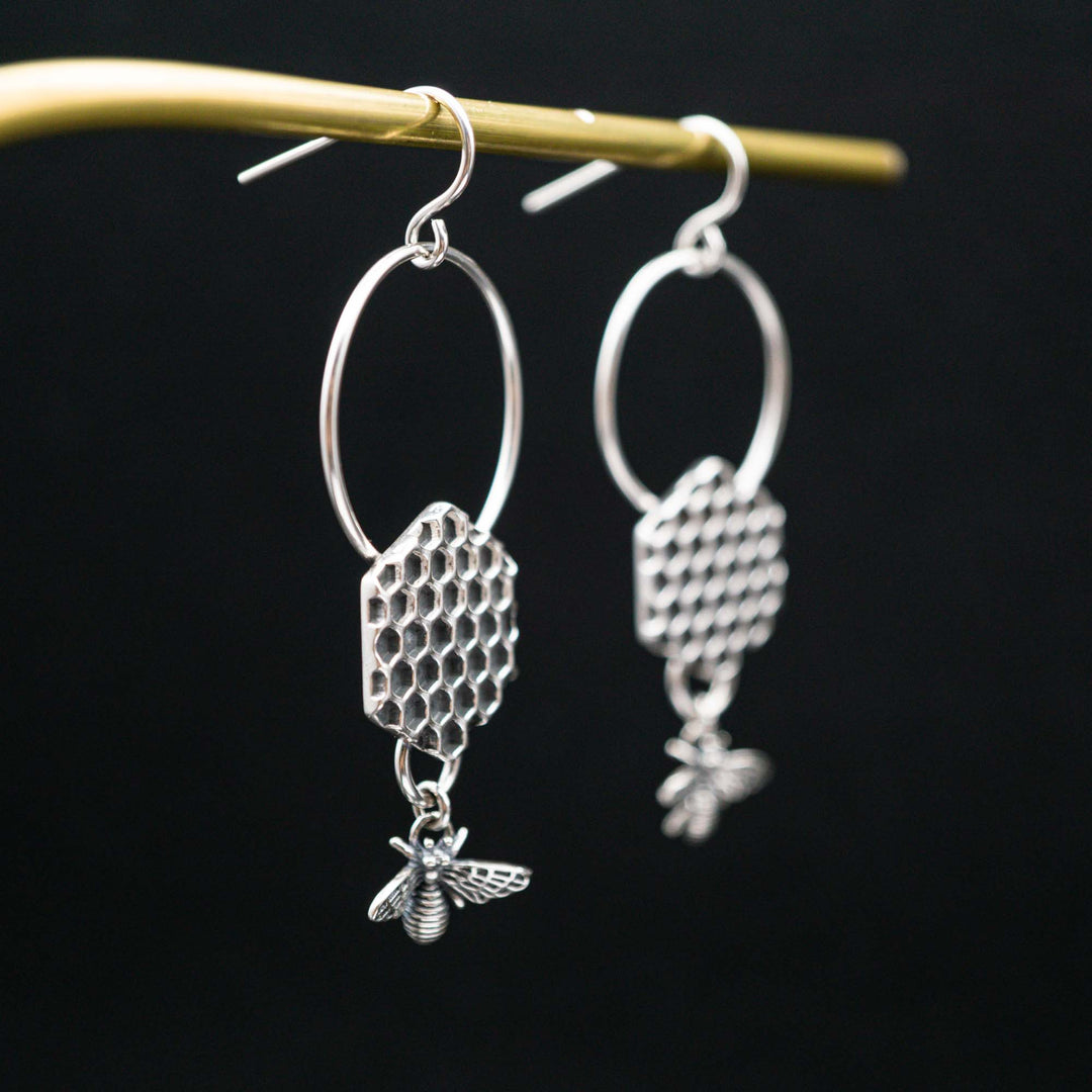 Silver honeycomb earrings with real silver bees // On the approach