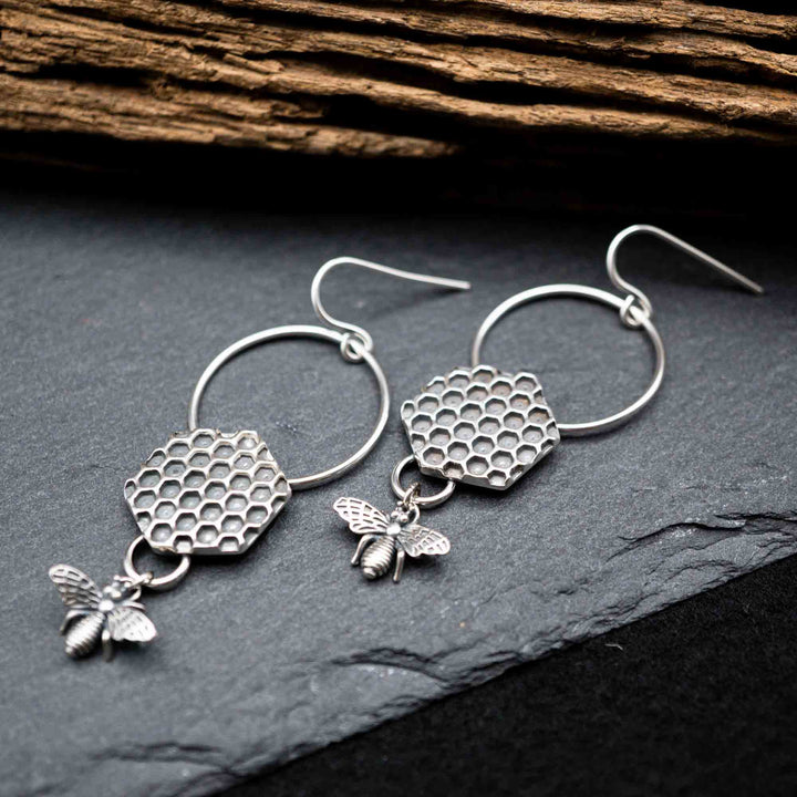 Silver honeycomb earrings with real silver bees // On the approach