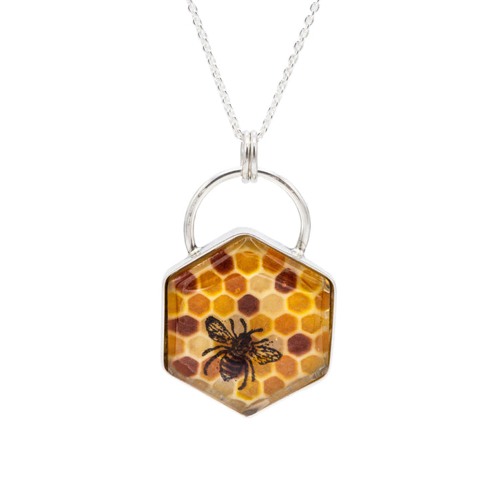 Filled honeycomb bee necklace made of real silver