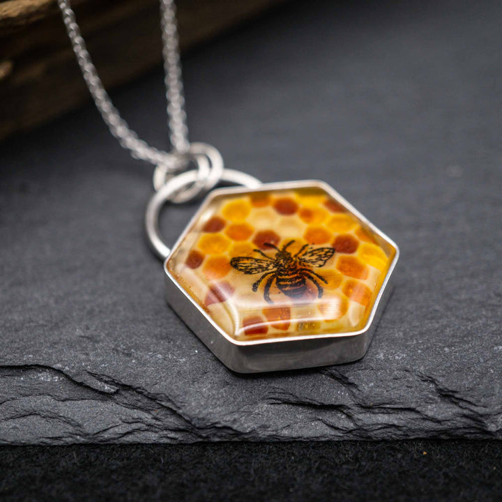 Filled honeycomb bee necklace made of real silver