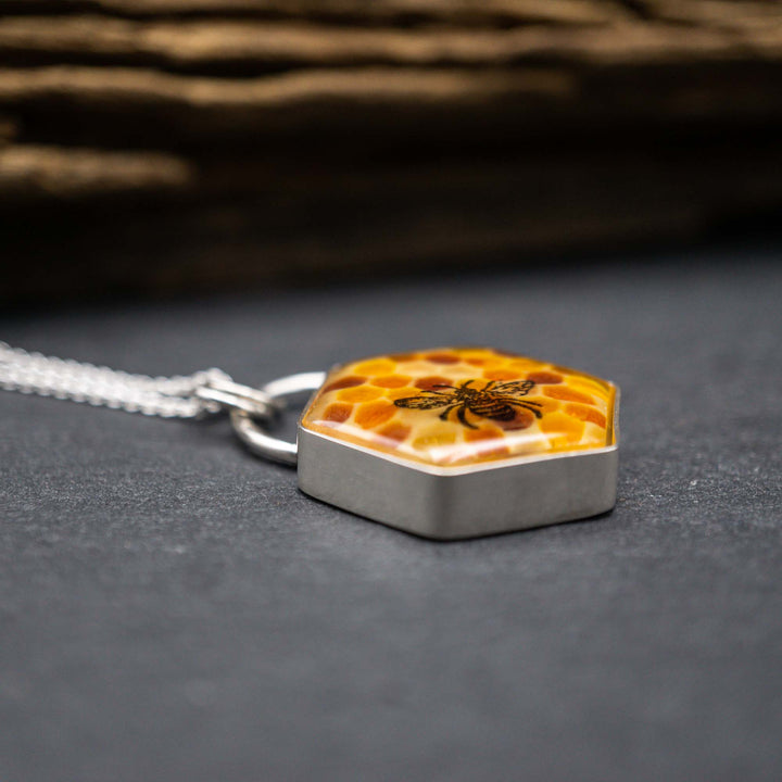 Filled honeycomb bee necklace made of real silver
