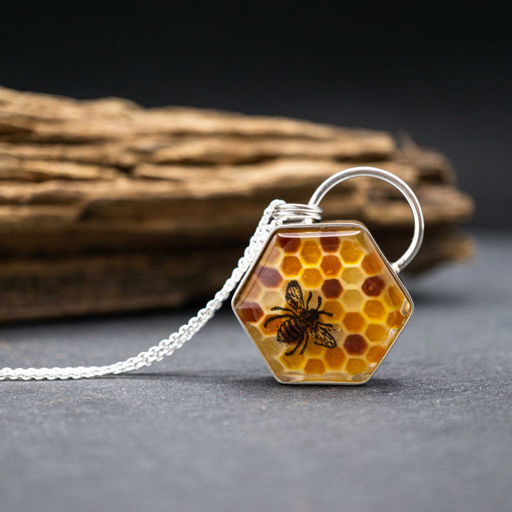 Filled honeycomb bee necklace made of real silver