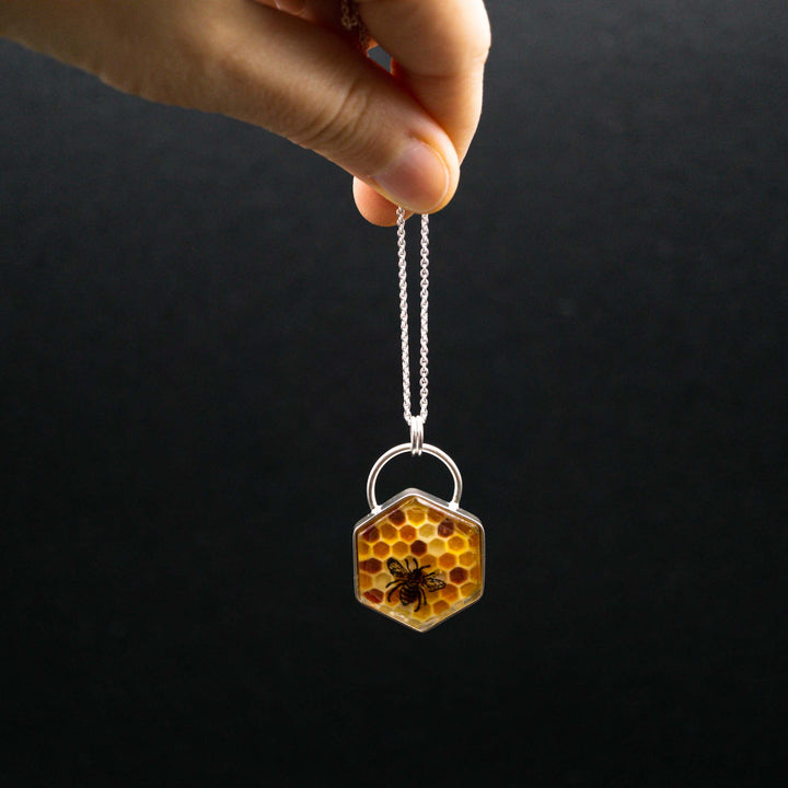 Filled honeycomb bee necklace made of real silver