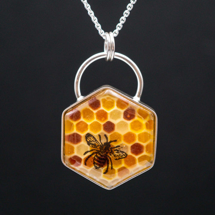 Filled honeycomb bee necklace made of real silver