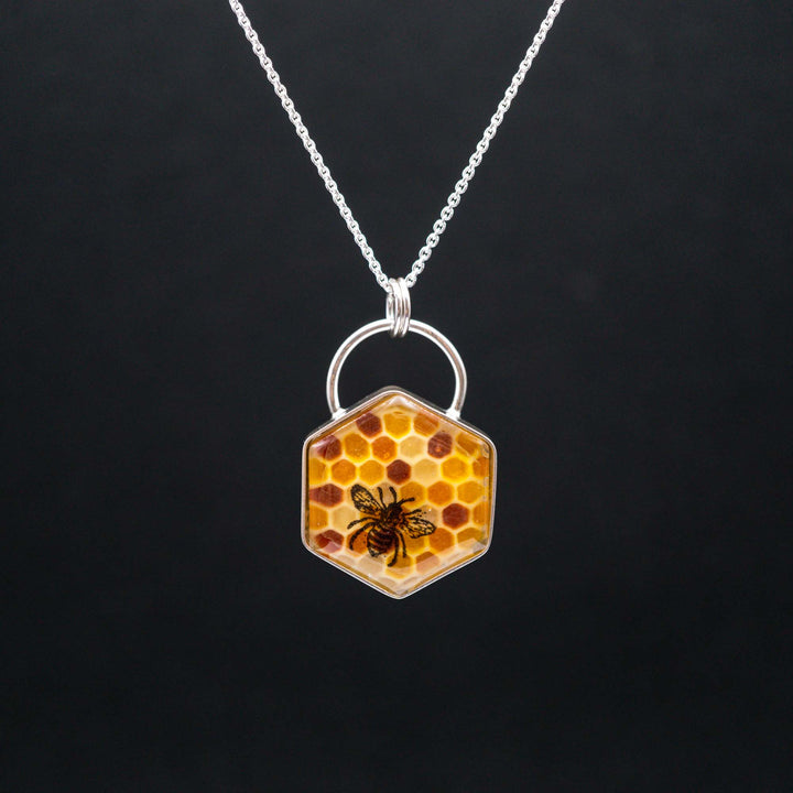 Filled honeycomb bee necklace made of real silver