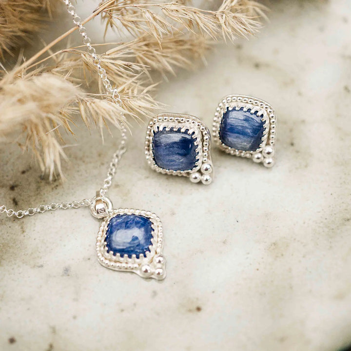 Kyanit Ohrringe und Kette // Schmuckset aus Silber mit blauem Edelstein