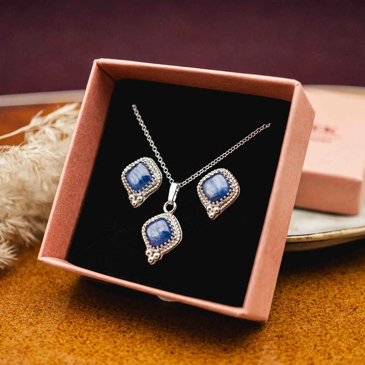 Kyanit Ohrringe und Kette // Schmuckset aus Silber mit blauem Edelstein