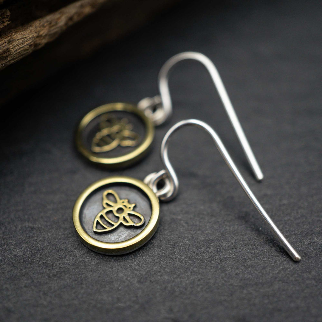 Real silver and brass bee earrings // shadow box picture frame earrings
