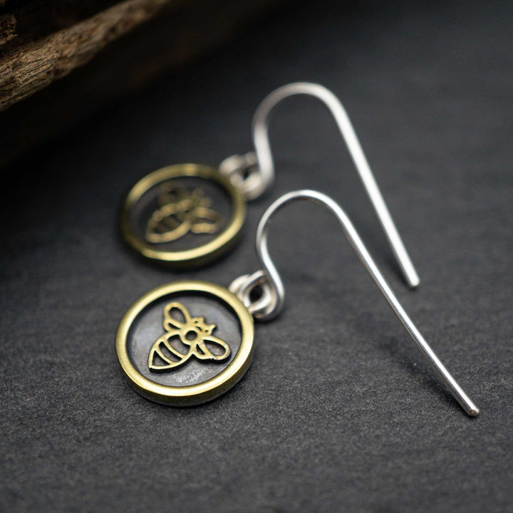 Real silver and brass bee earrings // shadow box picture frame earrings