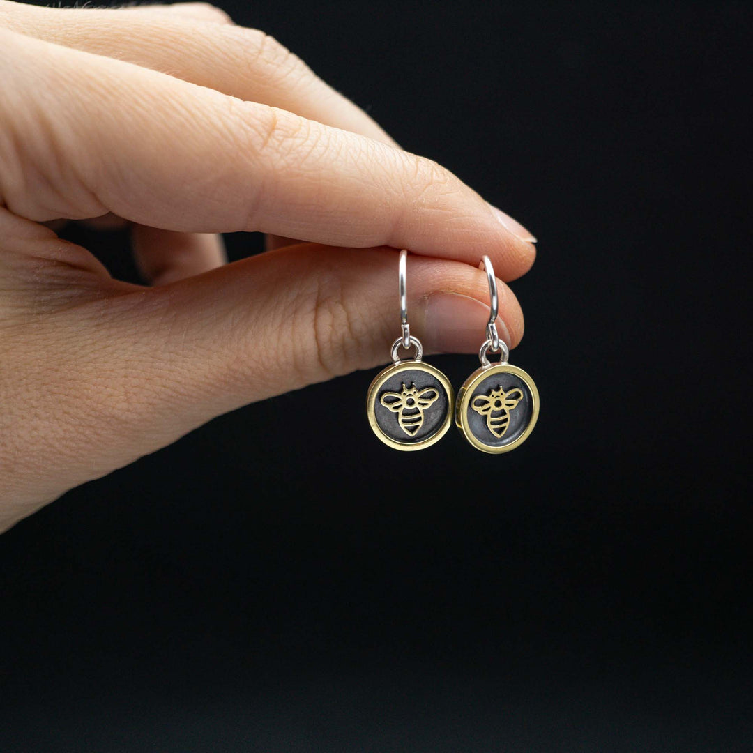 Real silver and brass bee earrings // shadow box picture frame earrings