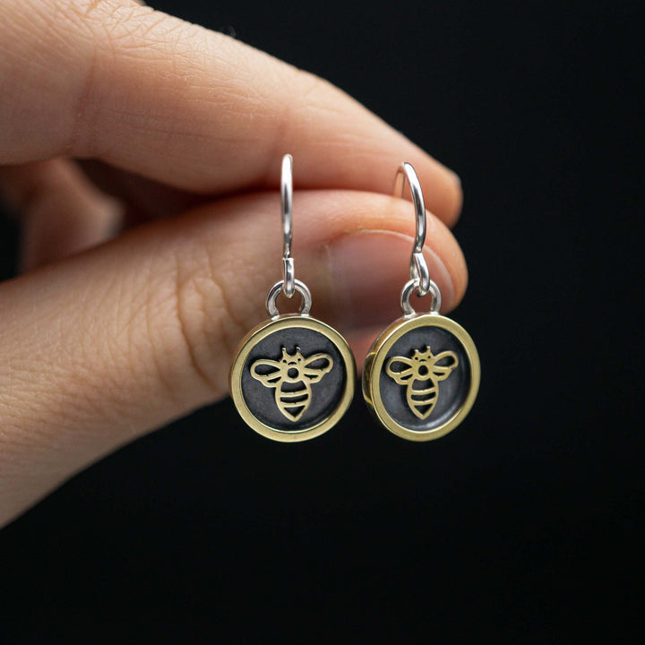 Real silver and brass bee earrings // shadow box picture frame earrings