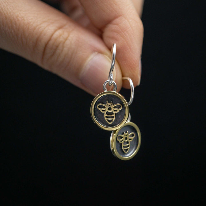 Real silver and brass bee earrings // shadow box picture frame earrings
