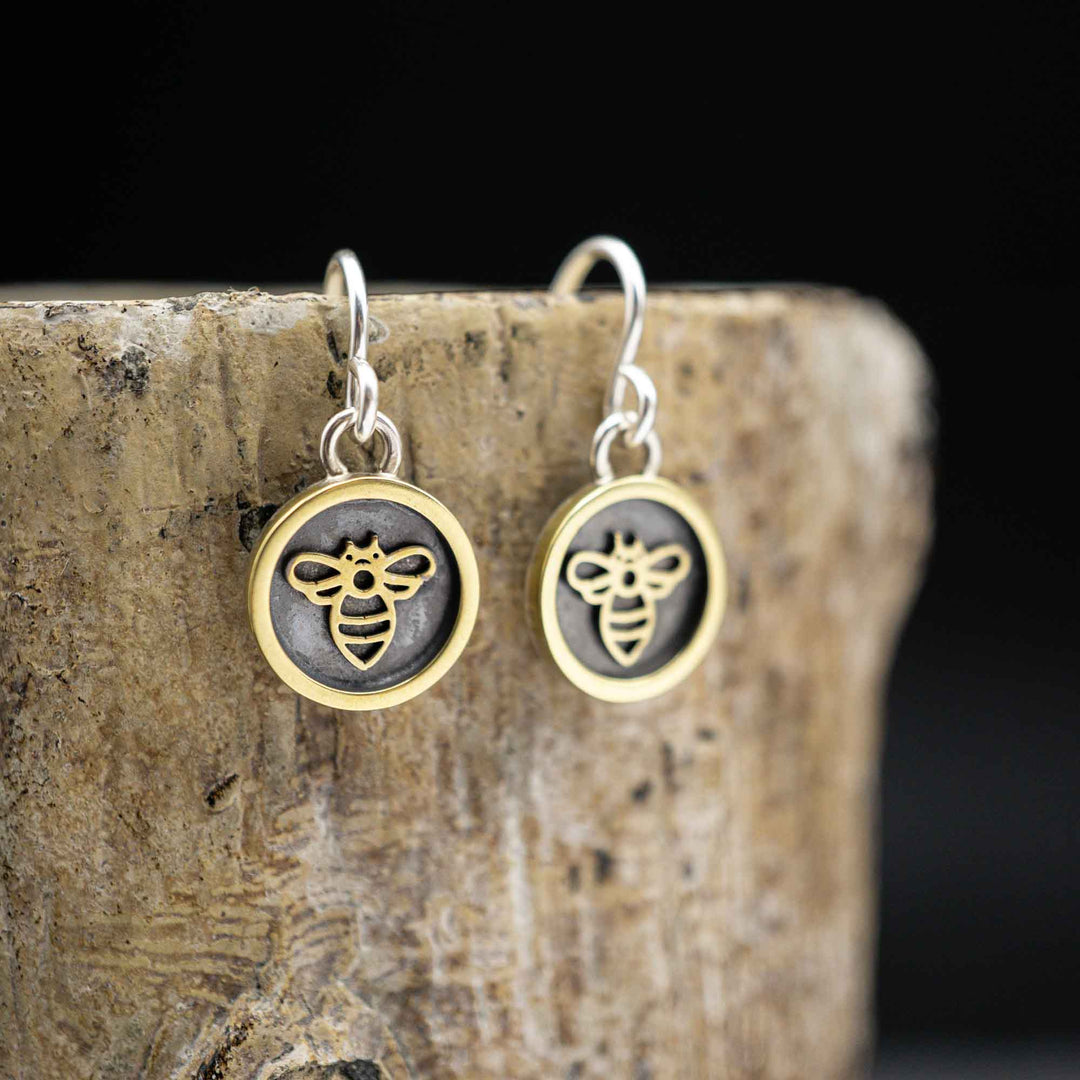 Real silver and brass bee earrings // shadow box picture frame earrings