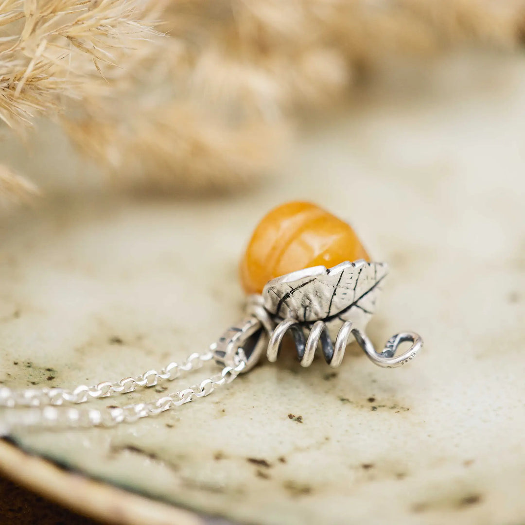 Gemstone Pumpkin Necklace Silver 925 with Yellow Topaz Jade