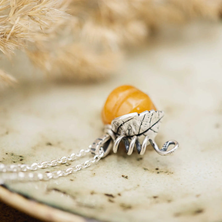 Gemstone Pumpkin Necklace Silver 925 with Yellow Topaz Jade