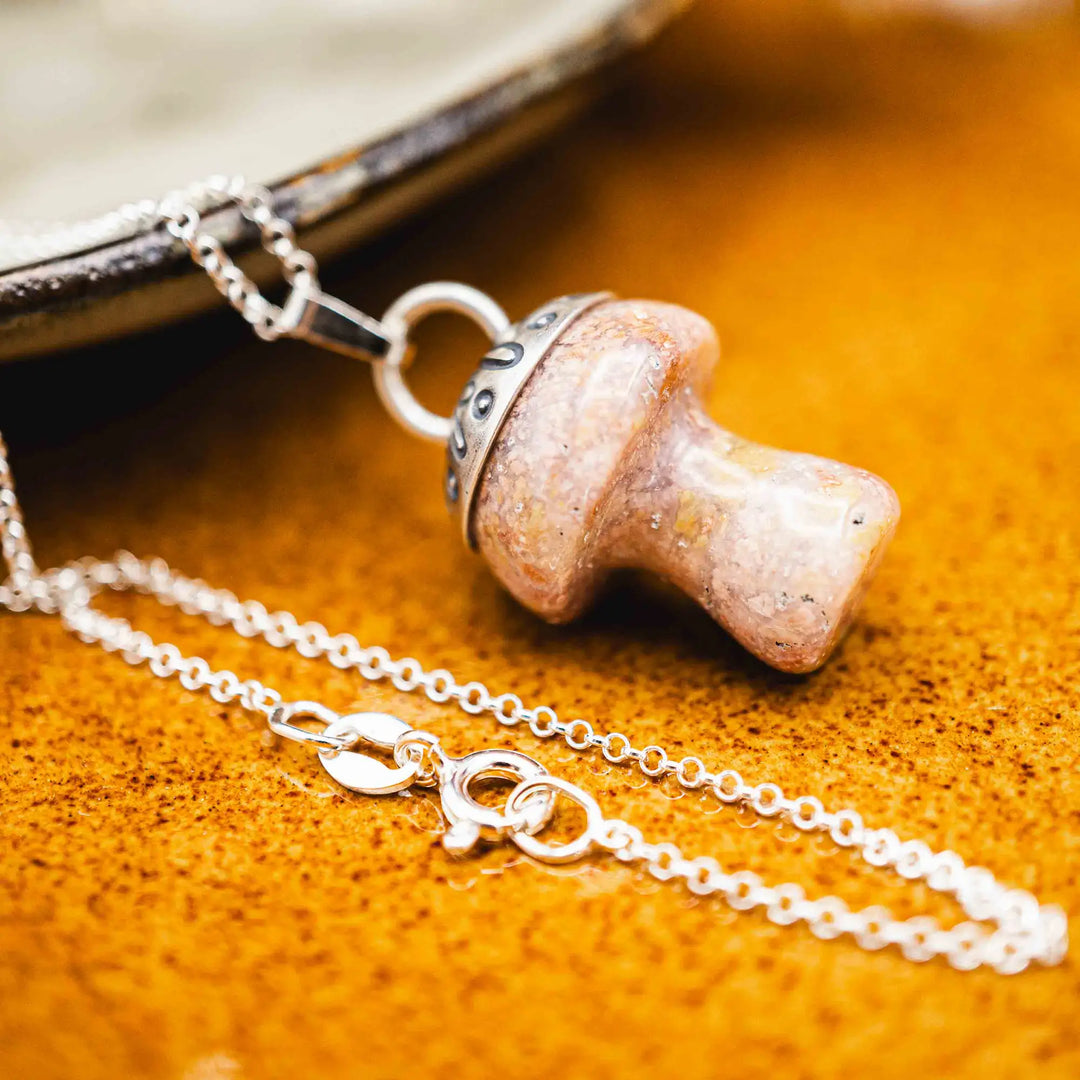 Edelstein Pilz Kette Silber 925 mit rosa Jaspis