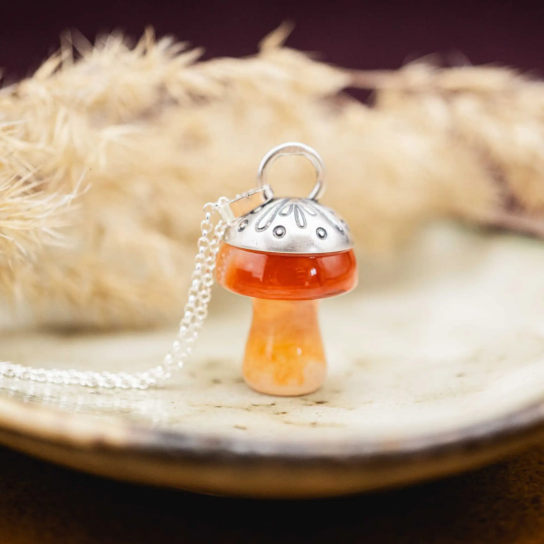 Edelstein Pilz Kette Silber 925 mit Achat in Orange