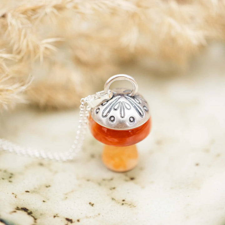 Edelstein Pilz Kette Silber 925 mit Achat in Orange