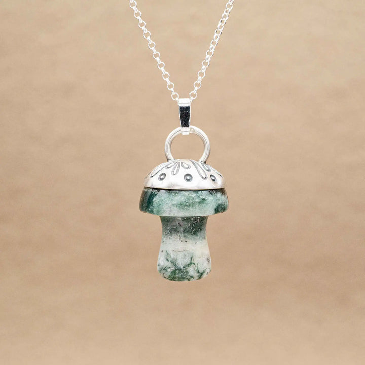 Edelstein Pilz Kette Silber 925 mit MoosAchat in Grün