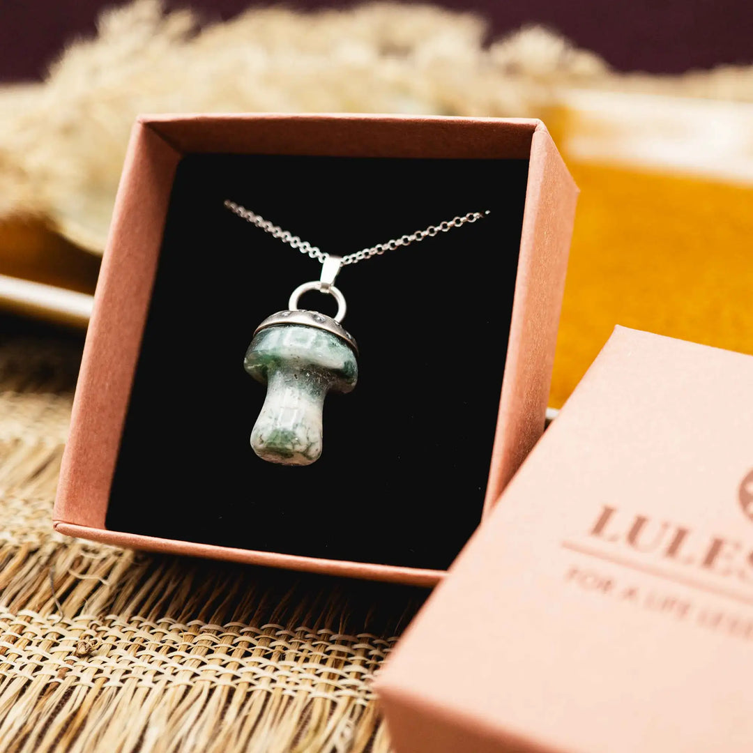 Edelstein Pilz Kette Silber 925 mit MoosAchat in Grün