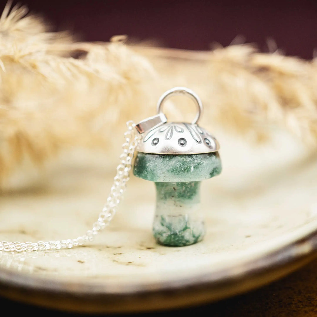 Edelstein Pilz Kette Silber 925 mit MoosAchat in Grün