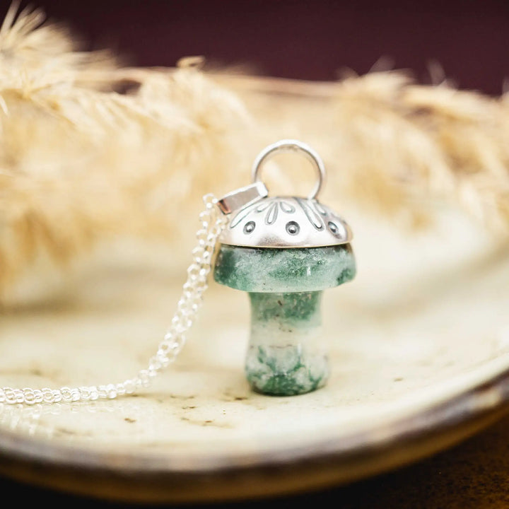 Edelstein Pilz Kette Silber 925 mit MoosAchat in Grün