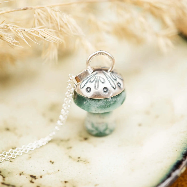 Edelstein Pilz Kette Silber 925 mit MoosAchat in Grün