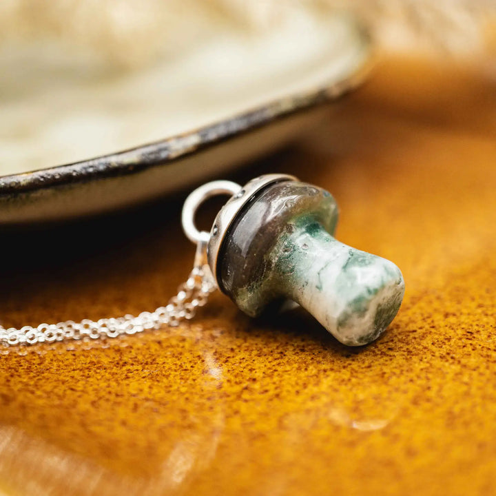 Edelstein Pilz Kette Silber 925 mit MoosAchat in Grün