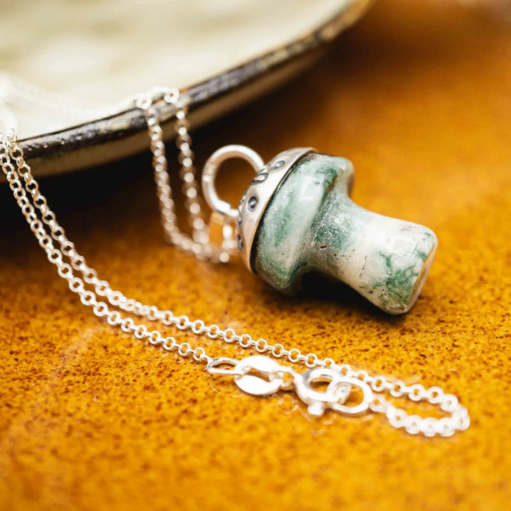 Edelstein Pilz Kette Silber 925 mit MoosAchat in Grün