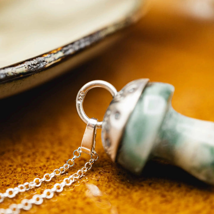 Edelstein Pilz Kette Silber 925 mit MoosAchat in Grün