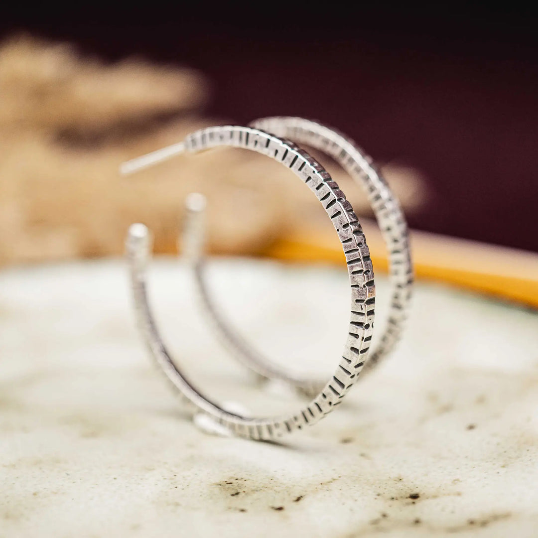 Hoop earrings made of silver 925 with tree bark birch texture