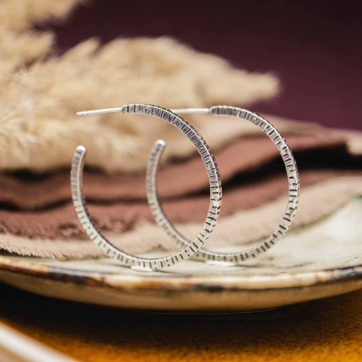 Hoop earrings made of silver 925 with tree bark birch texture