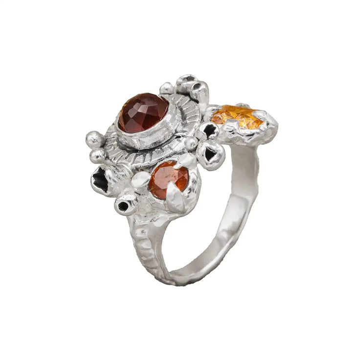 Silberring mit 3 Steinen // Blumenstrauß Ring mit Granat und Citrin