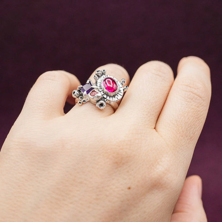 Silberring mit 3 Steinen // Blumenstrauß Ring mit Amethyst, Korund, Rhodonit