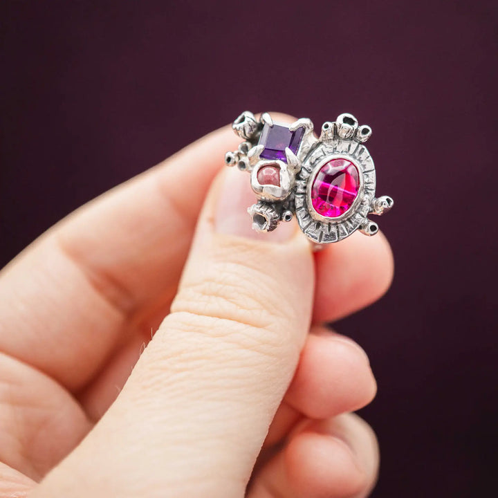Silberring mit 3 Steinen // Blumenstrauß Ring mit Amethyst, Korund, Rhodonit