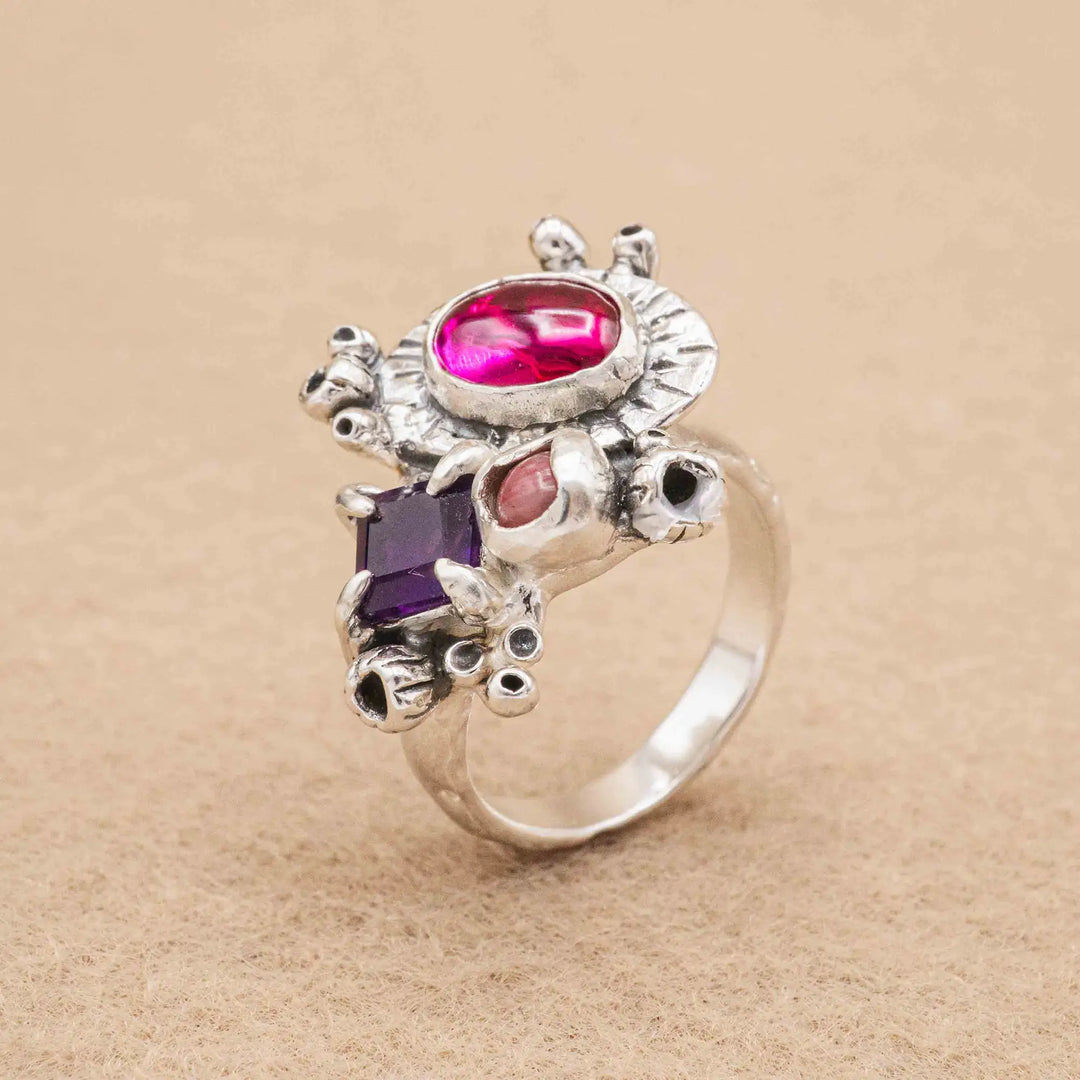 Silberring mit 3 Steinen // Blumenstrauß Ring mit Amethyst, Korund, Rhodonit