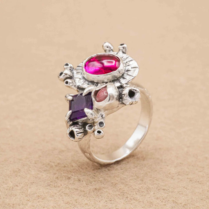 Silberring mit 3 Steinen // Blumenstrauß Ring mit Amethyst, Korund, Rhodonit