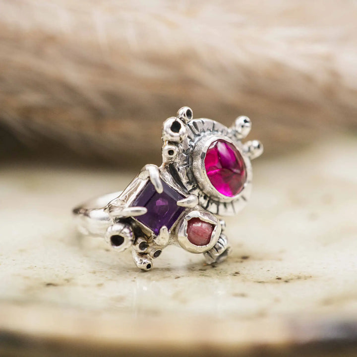 Silberring mit 3 Steinen // Blumenstrauß Ring mit Amethyst, Korund, Rhodonit