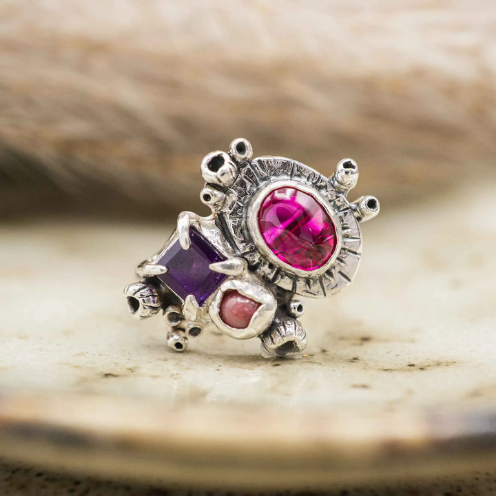 Silberring mit 3 Steinen // Blumenstrauß Ring mit Amethyst, Korund, Rhodonit