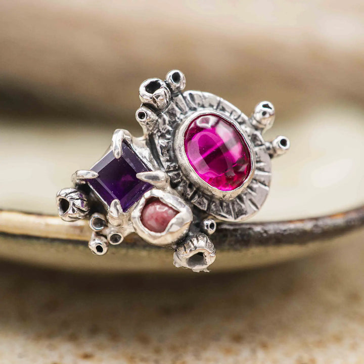 Silberring mit 3 Steinen // Blumenstrauß Ring mit Amethyst, Korund, Rhodonit