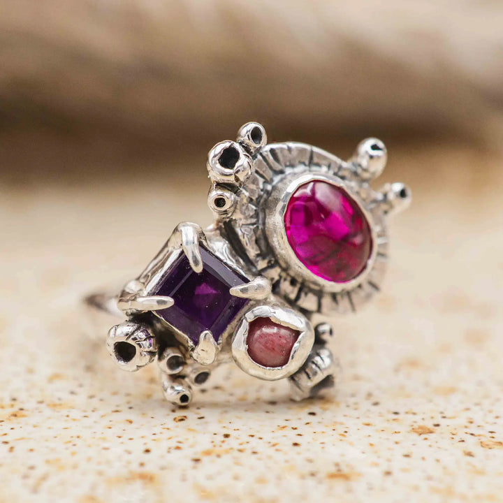 Silberring mit 3 Steinen // Blumenstrauß Ring mit Amethyst, Korund, Rhodonit
