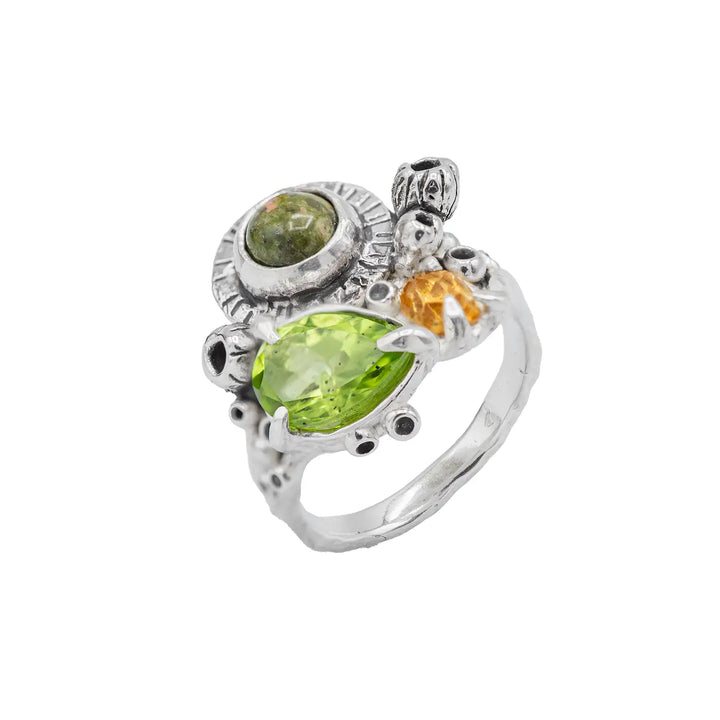 Silberring mit 3 Steinen // Blumenstrauß Ring mit Peridot, Citrin, Unakit